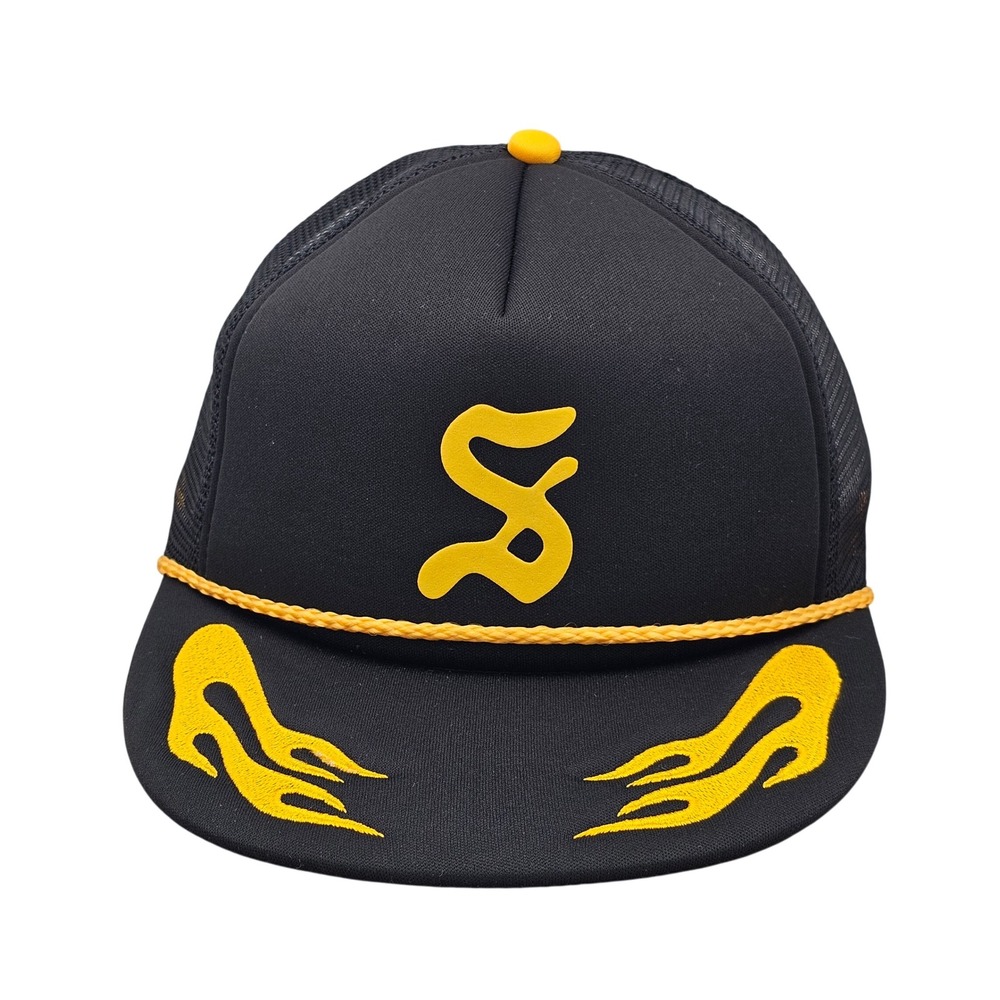STRAYE Venice Flame Trucker Hat Black Yellow Embroidered Snapback Skate Rope Cap